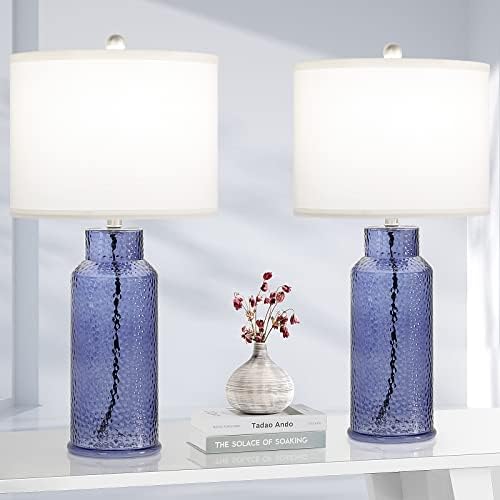 Tobusa Blue Glass Table Lamps para o quarto de 2, lâmpada de vidro de cabeceira moderna com abajur de linho branco, lâmpada de mesa