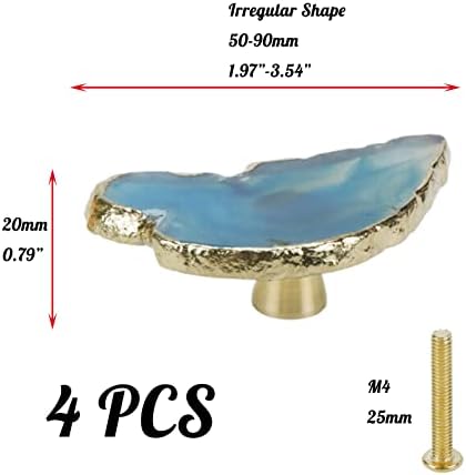 Crapyt Gatra AGate Slice Irregular 4 PCS gaveta Móveis azuis Mobes de mobília Pull Decorativo de borda dourada natural Diy com parafusos