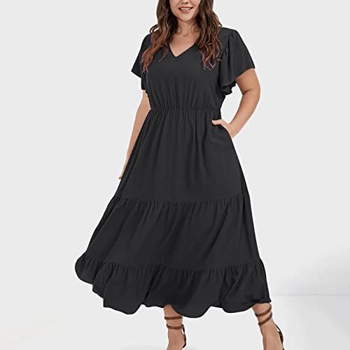 Vestido de primavera e verão para mulheres 2023 Vestido plus size v pescoço de verão de verão casual de bolso sem mangas com bolsos