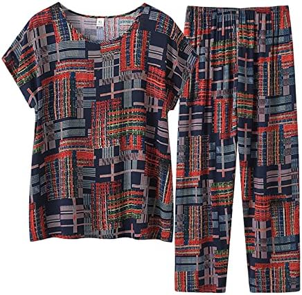 Summer Sets Women 2 peças roupas de tamanho grande casual fit idosos pijamas conjuntos de pistas de manga curta e calças