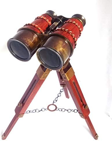 14 Binocular de couro vermelho sólido de 14 com mesa de madeira de tripé, por Asi Náutico