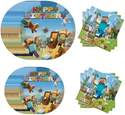 Mandes de festas de aniversário do jogo infantil, decoração de tema de pixels Conjunto para o jantar Placas de sobremesa NACKINS