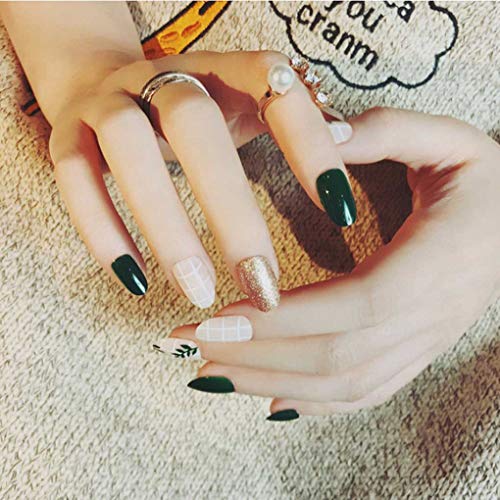 Yalice 24pcs verde pregos falsos brilho bling capa completa oval unhas falsas FELIA FELIANTE PARECEM PARA MULHERES