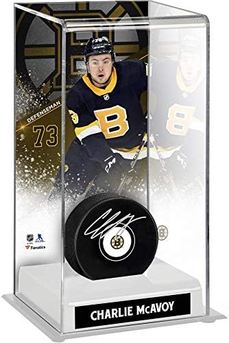 Charlie McAvoy Boston Bruins autografou o disco com display de disposição de hóquei de altura de Jersey Deluxe preto