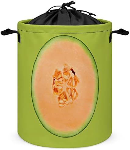 Melão de melão isolado Round Round Saco de lavanderia cesto de armazenamento à prova d'água com tampa de cordão e alça