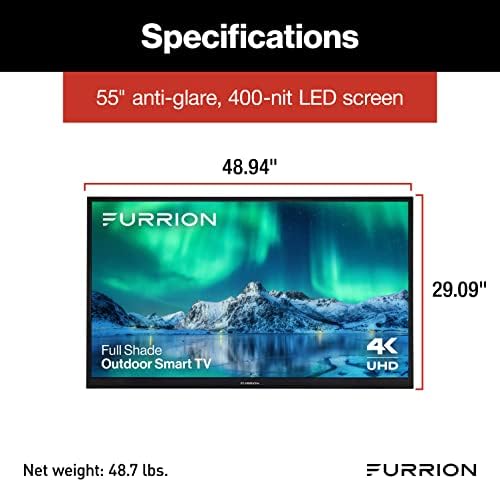 Aurora de 55 polegadas TV inteligente ao ar livre de 55 polegadas-LED-televisão ao ar livre HDR10 à prova de intempéries HDR10 com tela de LED anti-Glare, 400 nit, Rangextend Antenas externas para áreas de estar ao ar livre totalmente sombria