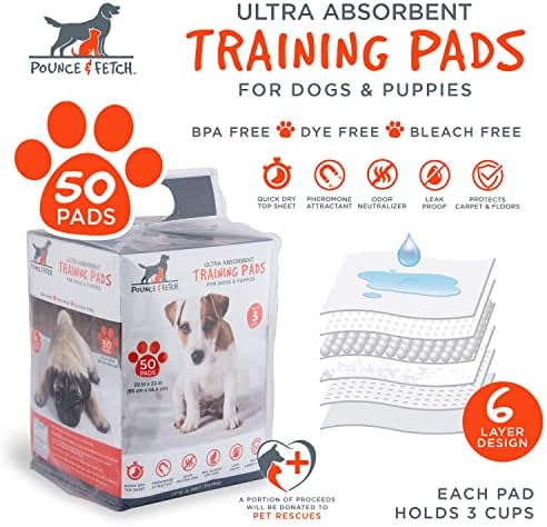 Pounce + Fetch 50 Pack Dog Training Puppy Pee Pad | BPA grátis | 22 ”x 23” | Prova de absorção e vazamento | Neutralizador de odor