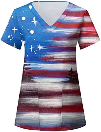 4 de julho camisetas para mulheres bandeira dos EUA Summer Manga curta V camiseta de pescoço com 2 bolsos Bloups Holiday
