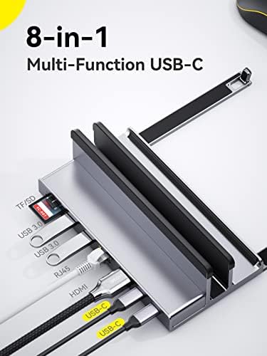 Estação de ancoragem USB C para laptop, 8 em 1 doca USB C com suporte de laptop vertical, saída 4K 60Hz HDMI, 1 Gbps