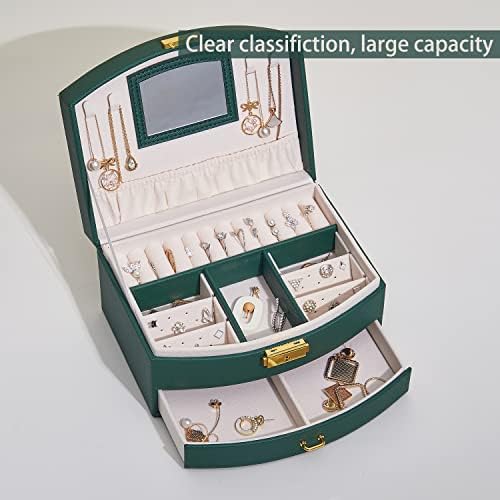 Caixa de armazenamento de caixa de jóias do organizador de jóias com trava, exibição de dupla camada, couro PU e espelho embutido