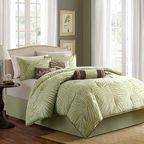 Madison Park Freeport King Size Bed Consolador Cama em uma bolsa - verde -oliva, Jacquard Palm Leaf - 7 peças Conjuntos de cama - Pêsselos de pêssego com tecidos de tecido