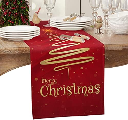Lilmeme Table Runners Merry Christmas Tree, Wedding/Coffee Runner, Farthouse Style Linen Pan para festa de férias de férias decoração ao ar livre, resistente ao calor, vermelho, 13x90inch