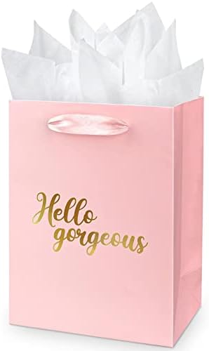 Jiashuyeye saco de presente rosa com papel de seda para aniversário, casamento, chuveiro de noiva, qualquer ocasião - 6