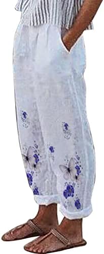 Calça de linho de algodão Zdfer soltas Casual liso de altas calças de moletom feminina com estampa floral longa com bolso