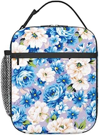 Lancheira floral azul Bag reutilizável lancheira para homens, sacola de almoço com bolso lateral para viajar Piquenique