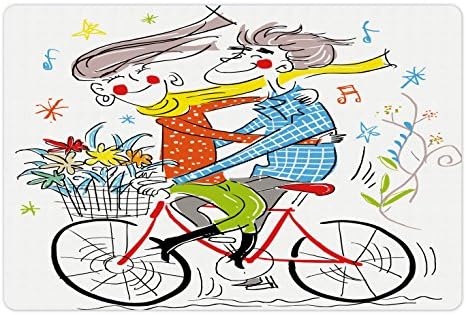 Lunarable colorido tapete de estimação para comida e água, menino e menina em bicicleta com flores e notas de música