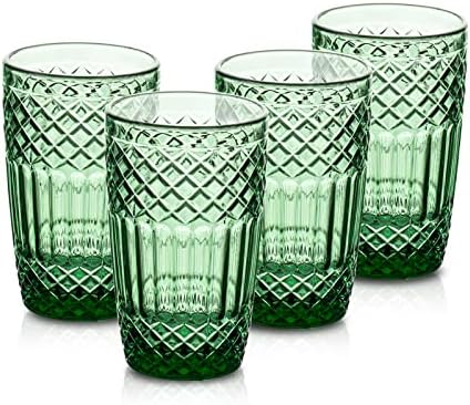 Insetlan Vintage Green Bebing Glasses Conjunto de 4 vidros de vidro de água grande e em relevo, copos de vidro vintage copos de copos, bebidas de ondulação, água, suco, bebidas, coquetel, refrigerante, 12,8 oz verde