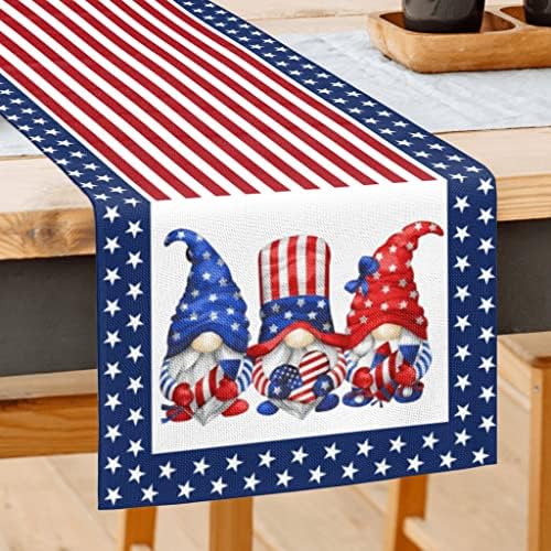 FJPT American Bandle Gnomos Table Runner 4 de julho Independência Table Runner Strip and Star Memorial Day Dining Table Decor para