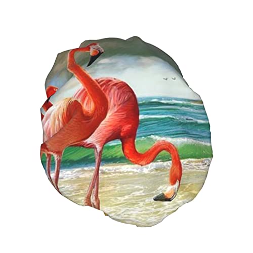 Flamingos na touca de chuveiro estampado na praia, chapéu de banho de camadas duplas para mulheres tampas de banho impermeáveis
