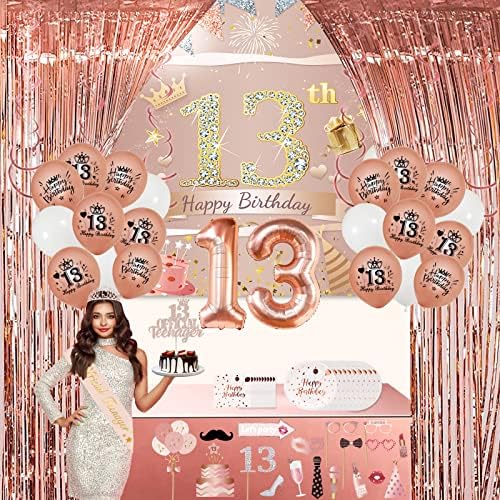 Decorações de 13º aniversário para meninas, 90 PCs Gold Rose 13 Decorações de aniversário para meninas, incluindo Feliz 13º cenário da faixa, coroa, balões, pratos, acessórios para fotos, faixa, 13º aniversário para meninas