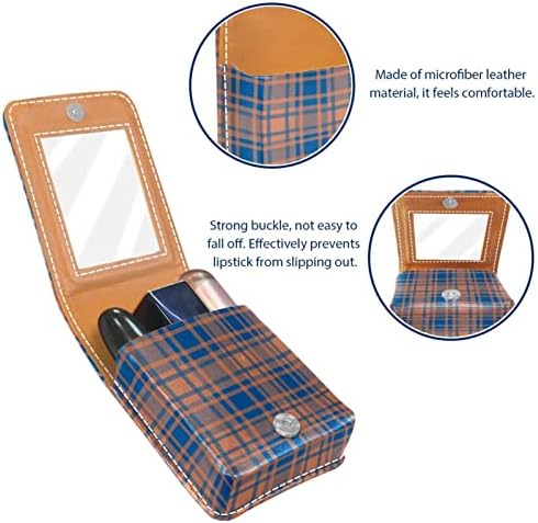 Caixa de batom Oryuekan com espelho bolsa de maquiagem portátil fofa, bolsa cosmética, checagem de grade de treliça laranja azul vintage azul