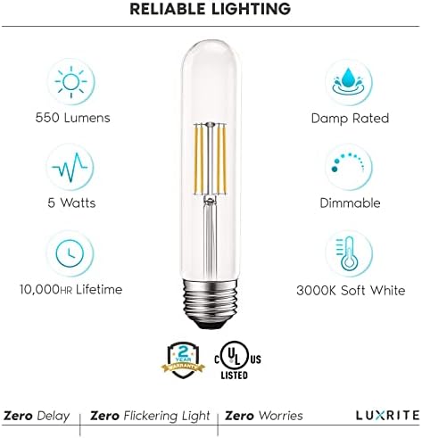 Lâmpadas de tubo LED Luxrite Vintage T9 Lâmpadas equivalentes 60W, 3000k Branco macio, 550 lúmens, lâmpadas tubulares de Edison diminuídas 5W, vidro transparente, lâmpada de filamento de LED, UL listado, E26 Base Padrão