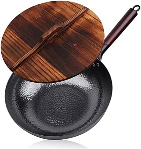 Wionc 12,5 Woks de aço carbono woks e frigideiras de frito com tampa de cozinha de cozinha para indução elétrica e fogões a gás wok de fundo plano