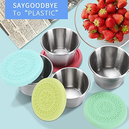 8x2.4oz Salada Recipiente de molho para ir, recipiente de salada para almoço, recipientes de condimentos com tampas, xícaras de molho de aço inoxidável reutilizáveis, tampas de silicone à prova de vazamentos para o almoço Bento Box, piquenique e viagem