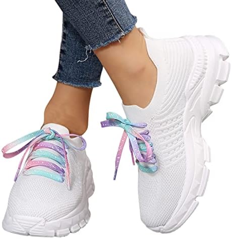 Tênis de plataforma para mulheres, gravata colorida de sapatos confortável e leve malha superior plataforma superior plataforma feminina tênis de moda elástica Upper Women Shoes de caminhada casual com arco ortopédico suporta 2023