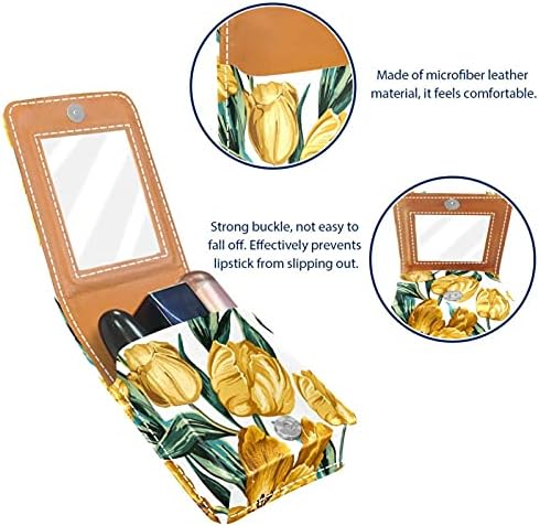 Padrão de flor de tulipa amarelo tinta manual lips bipculk caixa de batom portátil Bolsa de maquiagem Lipstick Organizer Case With Mini Mini Batom Storage Box for Women