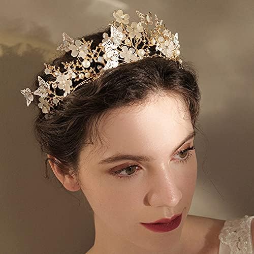 Fairyu Gold Butterfly Crowns e Tiaras Flower Rhinestone Coroa Coroa Coroque Rainha Tiaras Pearl Capacete para mulheres