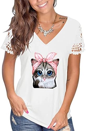 Camisetas nokmopo t para mulheres engraçadas moda casual solto solto em V renda impressa em t-shirt t-shirt top tops básicos