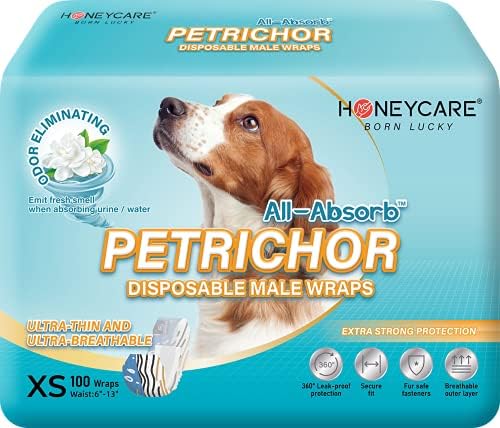 Cuidado com mel absorve Petrichor Male Dog Wrap, fraldas descartáveis ​​de cheiro fresco, extras pequenas, brancas,
