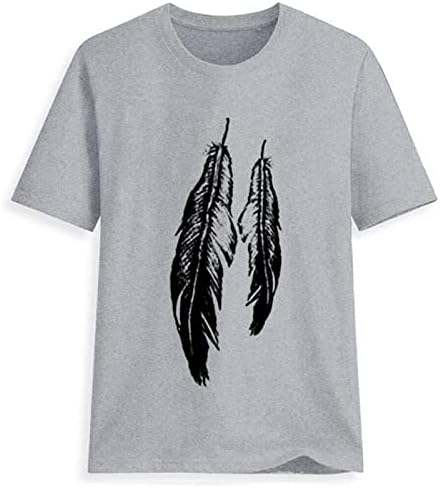 Tops casuais para mulheres, Lady Feather Print Tee Shorts Bloups Bloups Crewneck Casual camisetas de primavera