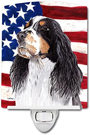 Tesouros de Caroline SC9016CNL USA AMERICAN FLAG com Springer Spaniel Ceramic Night Light, Compact, Ul certificado, ideal para quarto, banheiro, viveiro, corredor, cozinha, cozinha,