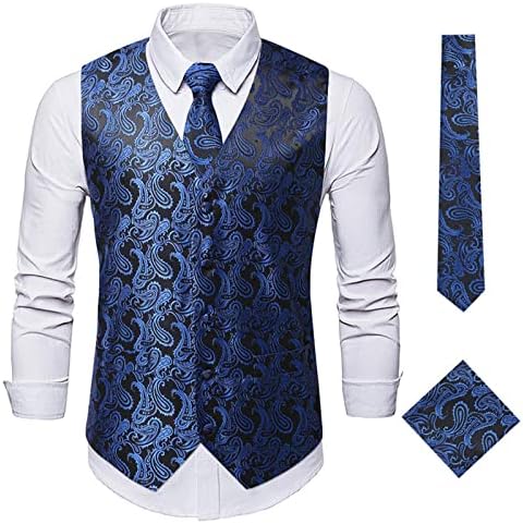 Colete de terno de Paisley de casamento masculino, gravata sem mangueira de colete e punhos quadrados de bolso grandes