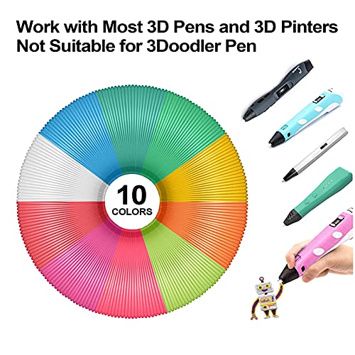 3D Filamento de caneta 320 pés, 10 cores, cada cor 32 pés, brilho no pacote de filamentos escuro - 1,75 mm em recargas de