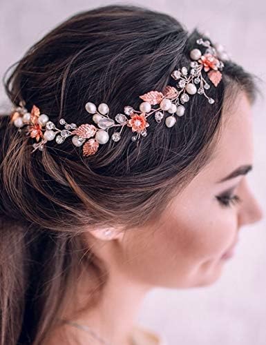 Jumwrit Bridal Pearl Bandeira da cabeça Retor de cristal Flores Folhas de cabelo Videira Dainty Hair Band Acessórios de cabelo