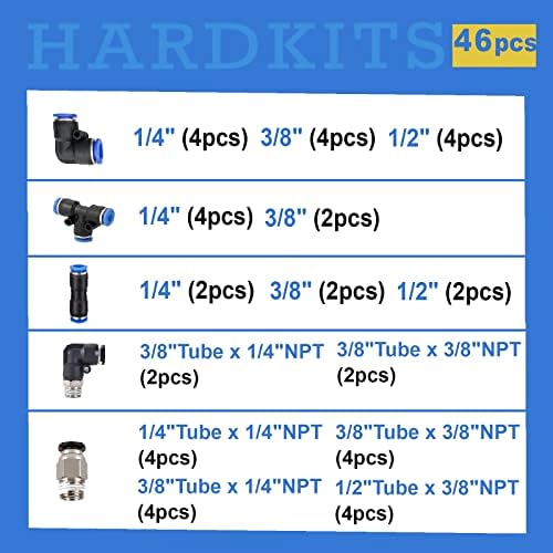 Kit de encaixe de mangueira de ar hardkits, 47 peças NPT Thread Push para conectar acessórios, tubos de nylon 1/4, 3/8, 1/2 polegada