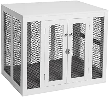 Idee Dog Crate Furniture Style Dog House com portas duplas, almofada e bandeja, mesa de madeira de mesa de madeira para