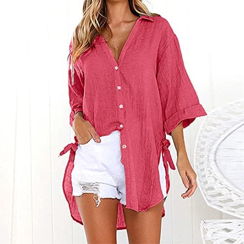 Zlolia cor sólida de cor para baixo V camisa para cima para mulheres, camisa de manga comprida algodão solto blusa básica túnica fluida de tops macios