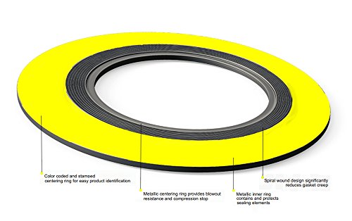 SERLING SEAL 9000IR18304GR150X12 304 Junta de ferida em espiral em aço inoxidável com anel interno 304SS e enchimento de grafite flexível, classe de pressão 150#, para 18 tubo, amarelo com faixa cinza
