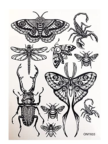 Tatuagem temporária para mulheres adultas - 3 lençóis - preto grande besouro da mariposa Scorpion Dragonfly Bee Insets Sleeve Words Adults Tattoos