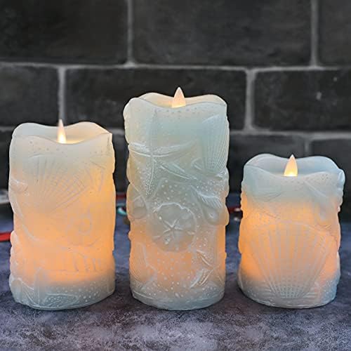 Decoração do oceano de Silverstro velas sem chamas com tema remoto e náutico marshell esculpido velas lideradas, velas de bateria de cera real para festas para festas de férias de casamento decoração de casa, conjunto de 3