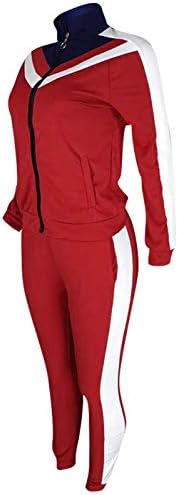 Roupas de traje de 2 peças de bloco colorido de mulheres, manga longa casual com jaqueta zip e calça esportiva