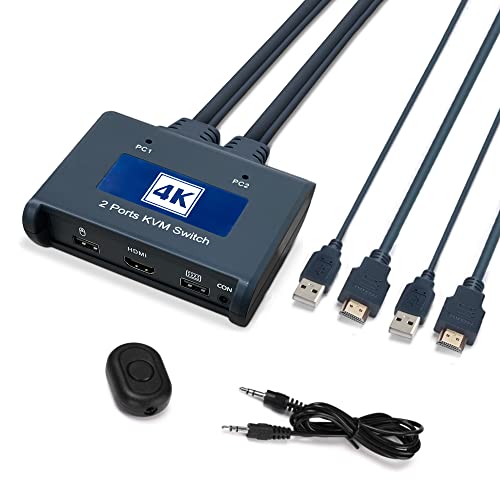 KVM Switcher HDMI 2 Box com cabos para 2 computadores compartilham um monitor 4k@30Hz e 2 dispositivos USB Mouse