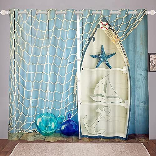 Tratamento de janela náutica, cortinas de concha de mar de barcos a lenha, tema oceânico Curta
