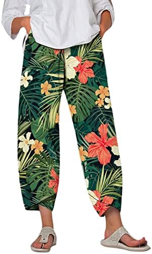 Usuming feminino linho Capris cintura elástica Capri Capri