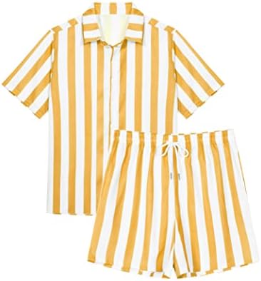Hedmy Men Stripe Impresso Hawaiian Sets Button casual para baixo de manga curta Drawstring shorts roupas