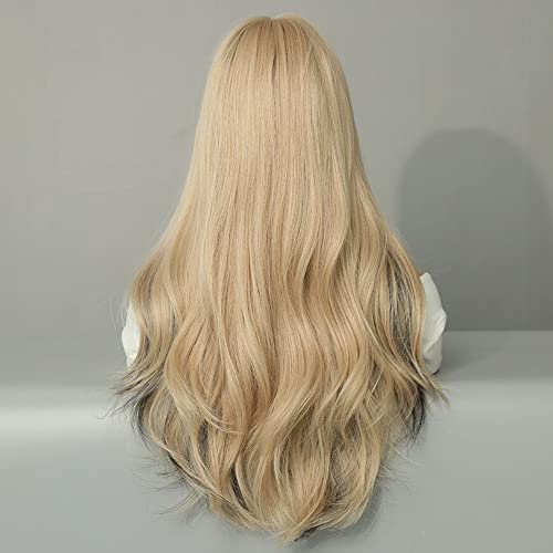 QSM Long Wig Black Gradient Cream Color com franja Fibra sintética Perucas de cabelo reto com tampa de peruca grátis para festa